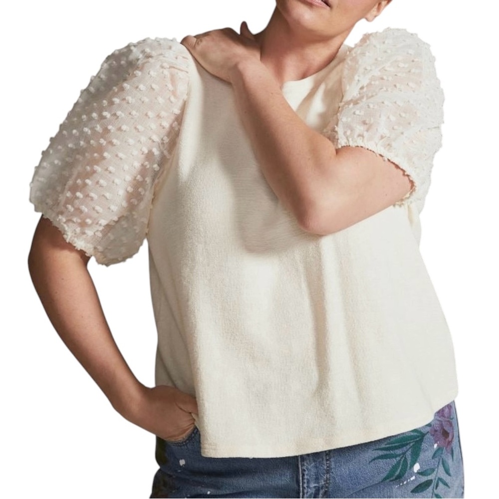 New La'Ven Sheer Pom Pom Puff Short Sleeve Slub Knit Top Off White Size Medium